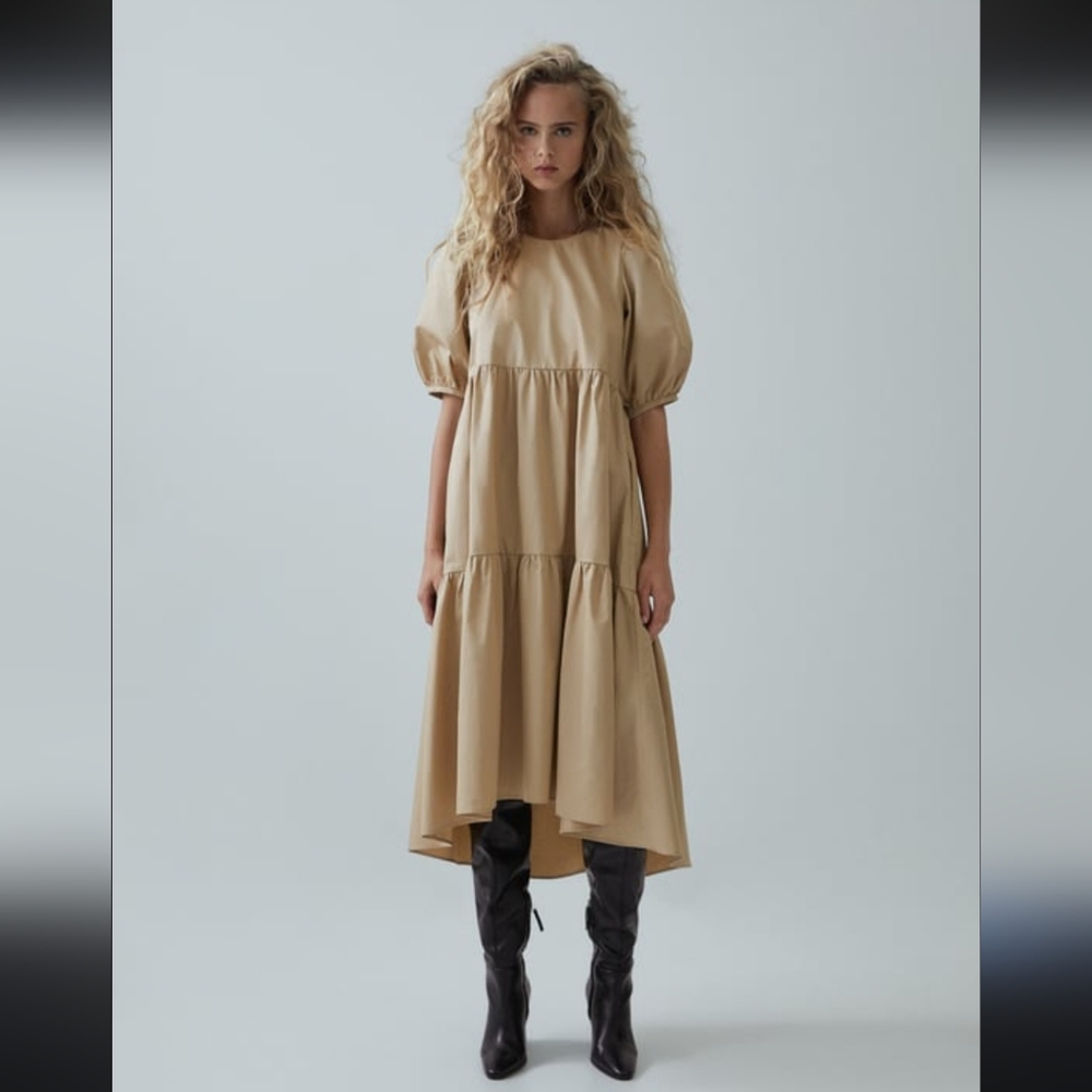 Zara Tan High Low Dress with Puff Sleeves